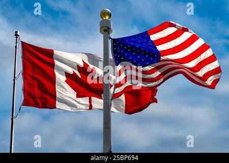 Drapeaux du Canada et des États-Unis volant dans un vent fort Banque D'Images