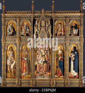 Retable Carlo Crivelli - Haut de l'autel, de gauche à droite : Saint François d'assise, Saint André, Saint Étienne, Saint Thomas d'Aquin Bas de l'autel : Saint Jean Baptiste, Saint Pierre, la Vierge à l'enfant, Sainte Catherine et Saint Dominique Banque D'Images