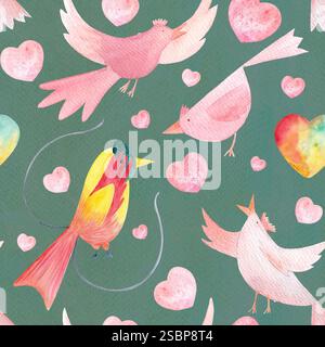 Oiseaux de paradis sont tombés amoureux des personnages de dessins animés, des coeurs peints à la main à l'aquarelle sans couture illustration sur turqouise. Parfait pour les cartes, les enfants Banque D'Images