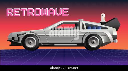fond d'onde rétrospective des années 80, illustration 3d. Concept de jeu de course vidéo rétro. Voiture futuriste contre le cyberespace abstrait néon avec grille de perspective. Illustration de Vecteur