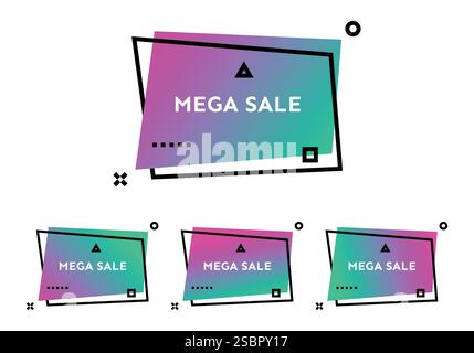 Mega Sale. Ensemble de quatre bannières multicolores géométriques tendance. Forme de dégradé moderne avec texte de promotion. Illustration vectorielle. Illustration de Vecteur