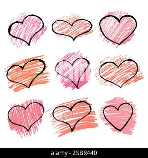 Ensemble de neuf Sketch Scribble Hearts sur fond rouge. Cœurs de crayon dessinés à la main. Illustration vectorielle Illustration de Vecteur