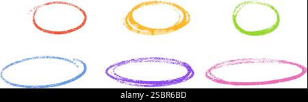 Le crayon met en évidence les cadres ovales multicolores. Formes texturées à la craie avec des bords granuleux sur fond blanc. Illustration de Vecteur
