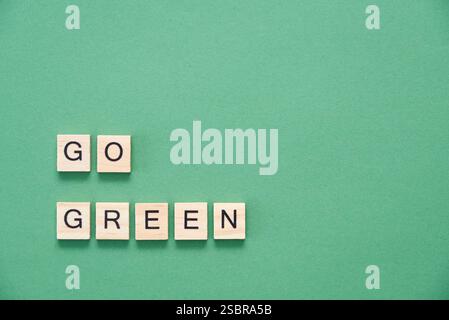 Message représentant le concept d'écologie et de sensibilisation à l'environnement, des pièces en bois avec des lettres forment, sur un fond vert, le texte devient vert. Mi Banque D'Images