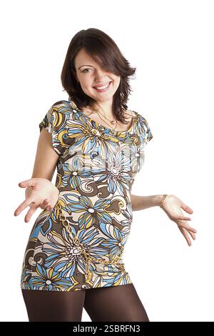 21 semaines femme enceinte heureuse, isolée sur blanc Banque D'Images