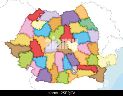 Vecteur illustré carte vierge régionale de la Roumanie avec les comtés et les divisions administratives, et les pays et territoires voisins. Modifiable et Illustration de Vecteur