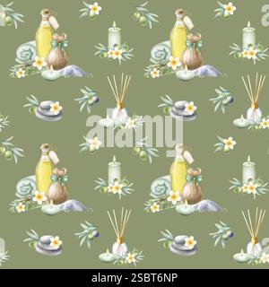Huile d'olive, savon alep, sel de mer, serviette roulée, bougies, fleurs de frangipani et branches d'olivier. Aquarelle dessinée à la main modèle sans couture isolé sur la couleur olive sombre pour le paquet, conception de salon de spa. Banque D'Images