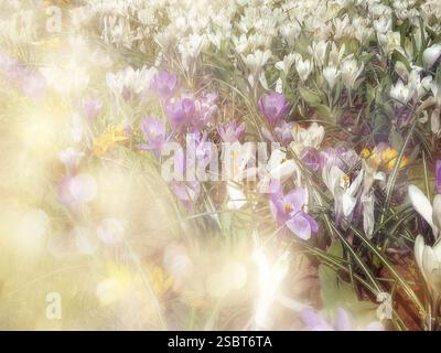 Pelouse avec crocus blancs et violets. Masse de crocus naturalisés dans une pelouse printanière Banque D'Images