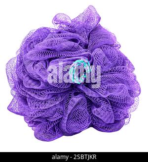 Gros plan horizontal d'un scrunchie de bain sur fond blanc. Banque D'Images