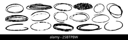 Ensemble vectoriel d'ovales de crayon de doodle dessinés à la main et de cercles de gribouillage. Formes d'éléments accentués au crayon de craie noir, reflets elliptiques à main levée. Cadres ronds bruts anthracite, griffonnages ou lignes encerclées. Illustration de Vecteur
