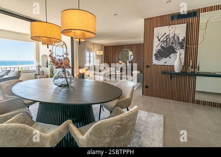 Une image d'un appartement méditerranéen décoré de poutres en bois surplombant Puerto Banus Banque D'Images
