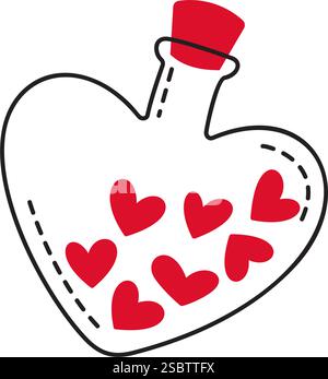 Potion d'amour, coeurs dans une bouteille de style doodle dessiné à la main style plat tendance icône d'amour romantique symbole de l'amour pour le web design graphique poster tatouage Valentines Day Card line art illustration vectorielle Illustration de Vecteur