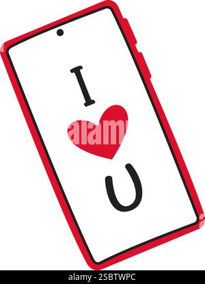 Smartphone avec message de coeur à l'écran Doodle style dessiné à la main style plat amour icône isolée romantique symbole de l'amour pour la conception graphique poster tatouage Valentines Card Day Line art illustration vectorielle Illustration de Vecteur