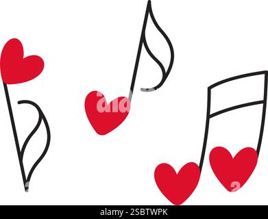 Notes musicales coeur rouge amour musique style doodle style dessiné à la main style plat amour icône isolé symbole romantique de l'amour pour le web design graphique poster tatouage Valentines Day Card line art illustration vectorielle Illustration de Vecteur