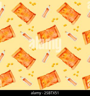 Carte usée, bouteille contenant le message et pièces d'or brillantes se combinent dans un motif pirate vintage. Cette illustration aquarelle est parfaite pour pirate-th Banque D'Images