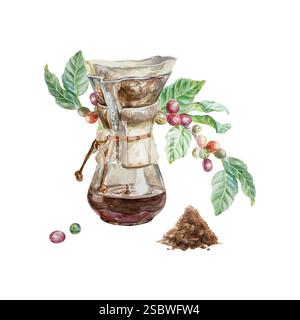 Verre verser sur la cafetière avec filtre en papier, branche de caféier, boisson moulue. Illustration d'aquarelle dessinée à la main isolée sur blanc. Pour les étiquettes, moi Banque D'Images