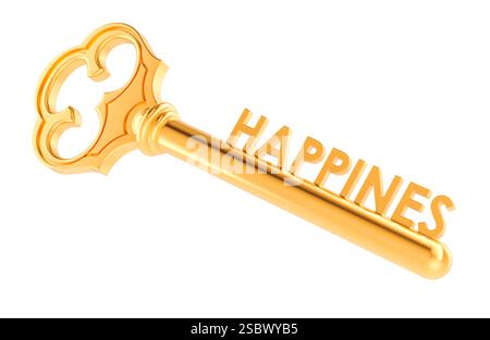 Concept de bonheur avec clé dorée, rendu 3D isolé sur fond blanc Banque D'Images