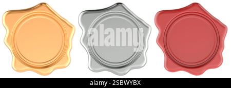 Tamponner les joints de cire. Couleur rouge, dorée et argentée, vue de face. Rendu 3D isolé sur fond blanc Banque D'Images