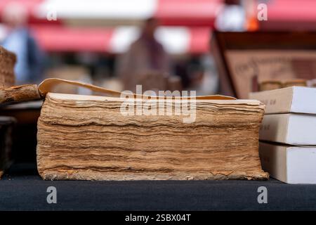 Vieux livre sur un stand de marché à la foire annuelle du livre à Dordrecht attirant les lecteurs et les collectionneurs avides avec des trouvailles rares et des titres populaires dans a charmin Banque D'Images