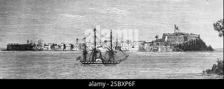 Vue sur l'île Antlantic Ile de Goree ou Goree au large de Dakar avec forteresse européenne, centre de la traite des esclaves dans le colonialisme, trois maîtres, stea à pagaie Banque D'Images