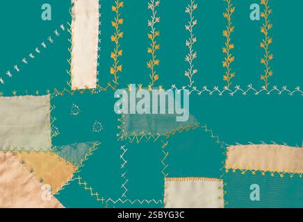 Les motifs aqua à point d'aiguille patchwork sont lumineux et montrent une texture avec des contrastes de couleurs brillants. Ajoutez votre texte. Le fond est fait de pièces de tissu. Banque D'Images
