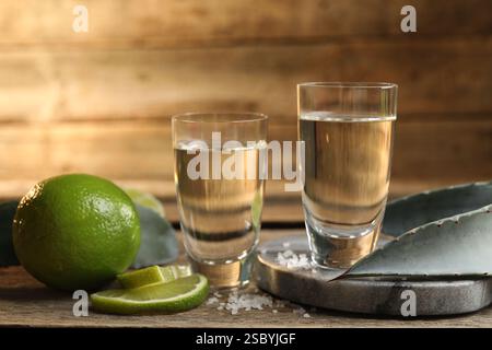 Shots de tequila avec sel, citron vert et feuilles d'agave sur la table Banque D'Images