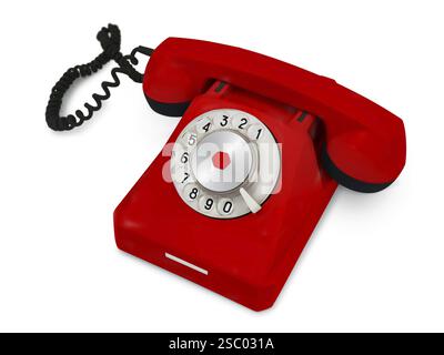 Vieux téléphone rouge sur fond blanc Banque D'Images