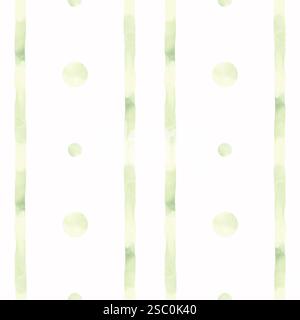 Rayures et cercles verts. Compagnon de motif vertical sans couture. Illustration d'aquarelle dessinée à la main. Ornement de rubans et de taches rondes. Arrière-plan Banque D'Images