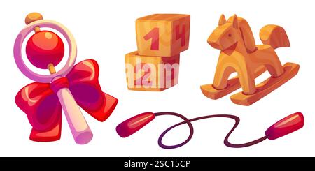 Collection de jouets en bois avec blocs éducatifs numérotés, cheval à bascule, hochet avec arc rouge, corde à sauter. Jouets de développement écologique pour jeux d'apprentissage préscolaire et activités de divertissement pour enfants. Illustration de Vecteur