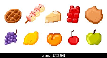Bonbons de pixel et icônes de fruits ensemble isolé sur fond blanc. Illustration vectorielle de dessin animé de logiciel rétro emoji, gaufre, guimauve, gâteau, ours gommeux, biscuit, raisin, citron, pêche, cerise, apple Illustration de Vecteur