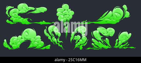 Collection d'effet de fumée verte toxique pour l'animation de jeu ou la conception de scène comique. Traînées de vapeur tourbillonnantes dynamiques, panaches de brume courbés et fumées toxiques - formes fluides fantomatiques sur fond sombre. Illustration de Vecteur