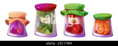 Conserver les bocaux isolés sur fond blanc. Illustration vectorielle de dessins animés de récipients en verre avec étiquettes, confiture de prunes sucrées, marmelade de gelée d'orange, concombres marinés et tomates, nourriture maison Illustration de Vecteur
