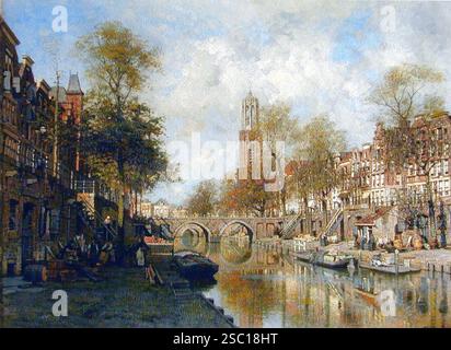 Gezicht op de Oudegracht te Utrecht vanaf de Smeebrug met op de achtergrond de Weesbrug en de Domtoren. Banque D'Images