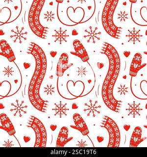 Un charmant motif sans coutures avec moufles et foulards en forme de coeur, parfait pour la Saint-Valentin. Ce design ravissant capture la chaleur et la lov Illustration de Vecteur