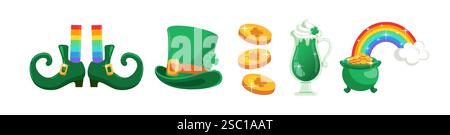 Set Elements for, Patrick s Day, illustration vectorielle vibrante avec des chaussures bouclées et un chapeau de leprechaun, des pièces de monnaie chatoyantes, de la bière verte et un pot Illustration de Vecteur