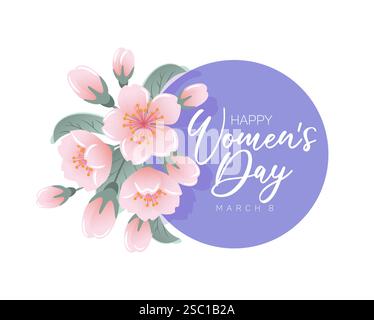 Une illustration vectorielle vibrante célébrant la Journée internationale de la femme présente de délicates fleurs de cerisier en pleine floraison, symbolisant la beauté et la résilience. Illustration de Vecteur