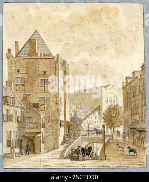 Gezicht vanaf de Ganzenmarkt te Utrecht in de richting van de Oudegracht met in het midden het wed naar de werf links het huis Keyserrijk en op de ach. Banque D'Images