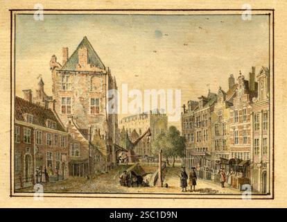 Gezicht vanaf de Ganzenmarkt te Utrecht in de richting van de Oudegracht met in het midden het wed naar de werf links het huis Keyserrijk en op de ach. Banque D'Images