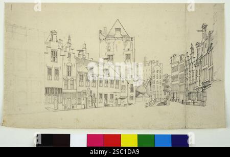 Gezicht vanaf de Ganzenmarkt te Utrecht in de richting van de Oudegracht met in het midden het wed naar de werf links het huis Keyserrijk en op de ach. Banque D'Images