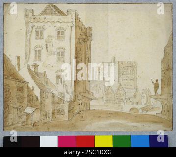 Gezicht vanaf de Ganzenmarkt te Utrecht op de Oudegracht met links het huis Keyserrijk rechts de hoek van het huis Kranenburg en op de achtergrond de . Banque D'Images