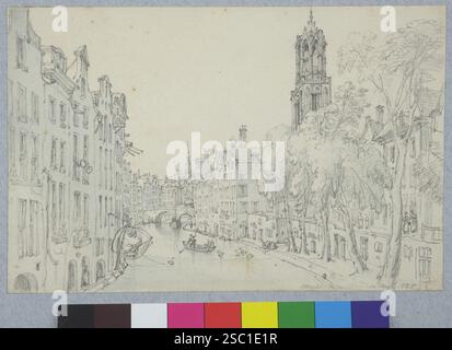 Gezicht op de Oudegracht te Utrecht UIT het zuiden vanaf de Gaardbrug met links de achterzijden van de huizen aan de Lijnmarkt rechts gedeeltelijk ach. Banque D'Images