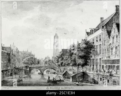 Gezicht op de Oudegracht te Utrecht UIT het zuiden vanaf de Geertebrug met de Smeebrug en op de achtergrond de Domtoren. Banque D'Images