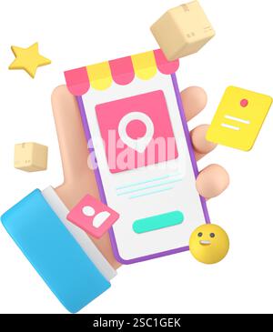 Vente en ligne commande de livraison de smartphone application 3d icône illustration vectorielle réaliste. Homme d'affaires main tenant le téléphone portable avec moi Illustration de Vecteur