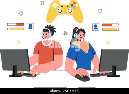 Tournoi E-Sports illustration vectorielle mettant en vedette deux joueurs en compétition dans un jeu en ligne pour une compétition de cybersport dans une arène de jeu Illustration de Vecteur