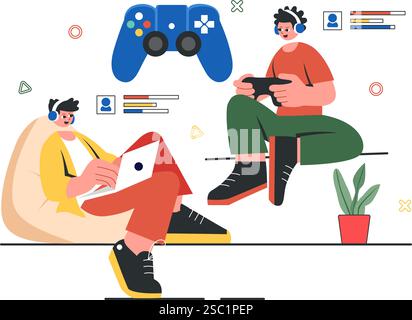 Tournoi E-Sports illustration vectorielle mettant en vedette deux joueurs en compétition dans un jeu en ligne pour une compétition de cybersport dans une arène de jeu Illustration de Vecteur