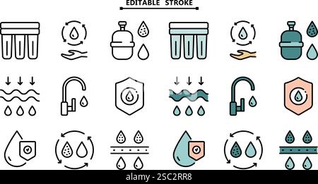 Ensemble simple d'icônes de couleur vectorielle liées à l'eau. Contour modifiable. Icône de purification de l'eau définie. Collecte de traitement des eaux usées. Osmose et dessalinatio Illustration de Vecteur