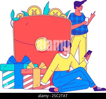 Les gens de magasinage de vacances faisant e-commerce en ligne concept de vecteur plat opération illustration dessinée à la main Illustration de Vecteur