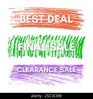 Meilleure offre, vente finale, vente de liquidation. Ensemble de trois bannières de vente sur les taches peintes colorées. Illustration vectorielle Illustration de Vecteur