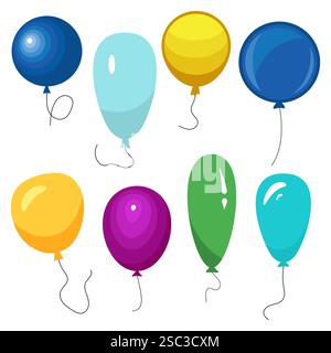 Ensemble de huit ballons colorés avec une ficelle isolée sur fond blanc. Illustration vectorielle Illustration de Vecteur