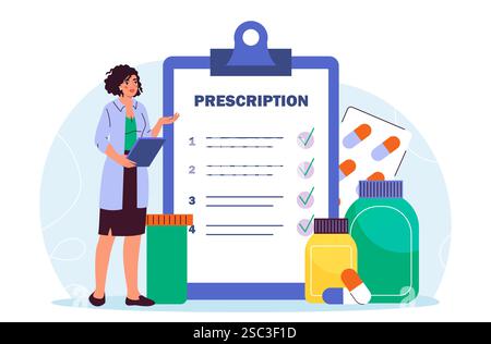 Le pharmacien rédige une ordonnance. Femme en uniforme médical près de pilules et de cloques avec des médicaments. Santé et médecine. Diagnostic et traitement Illustration de Vecteur